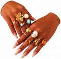 Chunky Gold Rings for Women Non Tarnish, Baroque Pearl Flower Tiger's Eye Stone Rings Adjustable Stacking Statement