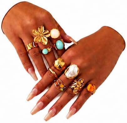 Chunky Gold Rings for Women Non Tarnish, Baroque Pearl Flower Tiger's Eye Stone Rings Adjustable Stacking Statement