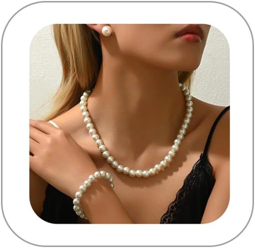 Pearl Necklace and Earring Set Faux Pearl Jewelry Sets for Women Imitation Beaded Pearl Necklace Bracelet Stud
