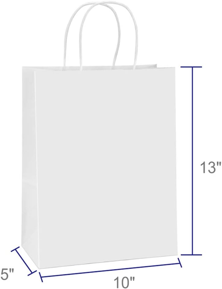 Kraft Paper Bags with Handles 10x5x13 Inch White 100 Pack Bulk