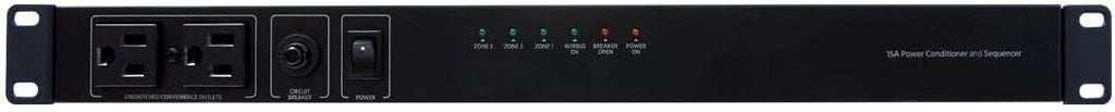 15 Amp Power Conditioner and Sequencer - 8 Outlets, 3 Zones, 1U Rack Mount, Black - Stage Right