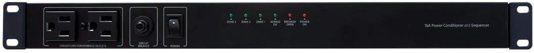 15 Amp Power Conditioner and Sequencer - 8 Outlets, 3 Zones, 1U Rack Mount, Black - Stage Right
