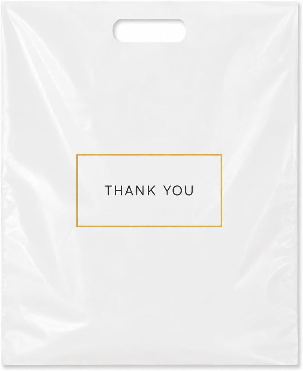 White Plastic Shopping Bags with Handles, Thank You Boutique Retail Bags, Large 16" x 18", 100 Pack for Merchandise