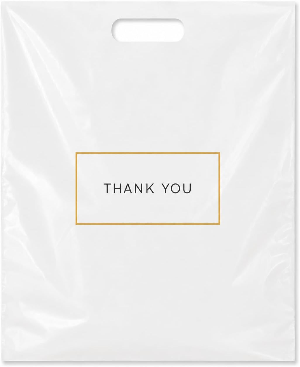 White Plastic Shopping Bags with Handles, Thank You Boutique Retail Bags, Large 16" x 18", 100 Pack for Merchandise