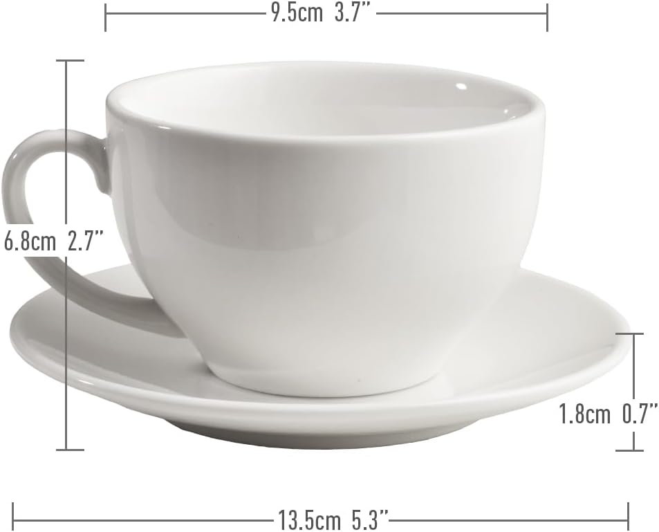 Porcelain Coffee Cup with Saucer 220ml/7.3oz for Cappuccino, Latte, and Tea, White, Set of 2