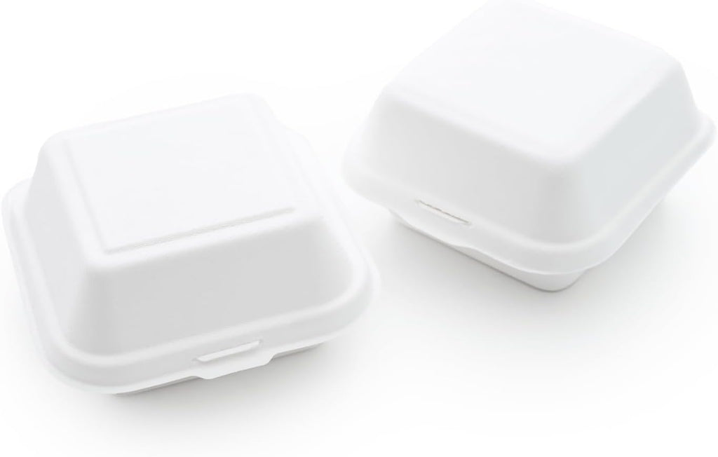 100% Compostable Clamshell Single Compartment Take Out Food Containers 6x6". 25 Containers, Natural Disposable