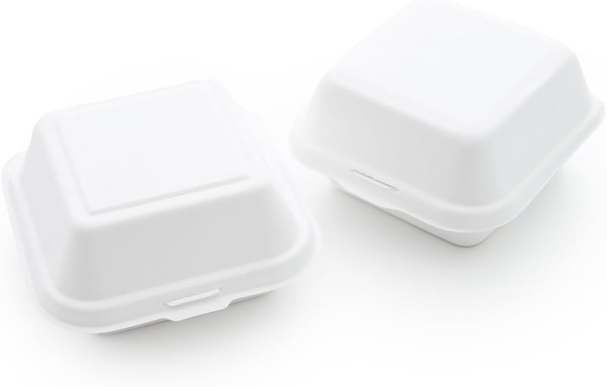 100% Compostable Clamshell Single Compartment Take Out Food Containers 6x6". 25 Containers, Natural Disposable