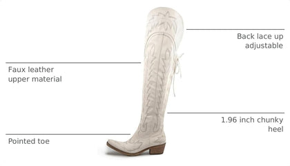 Thigh High Cowgirl Boots Wide Calf Western Cowboy Boots for Women Embroidered Pointed Toe Block Heel Pull-On Back