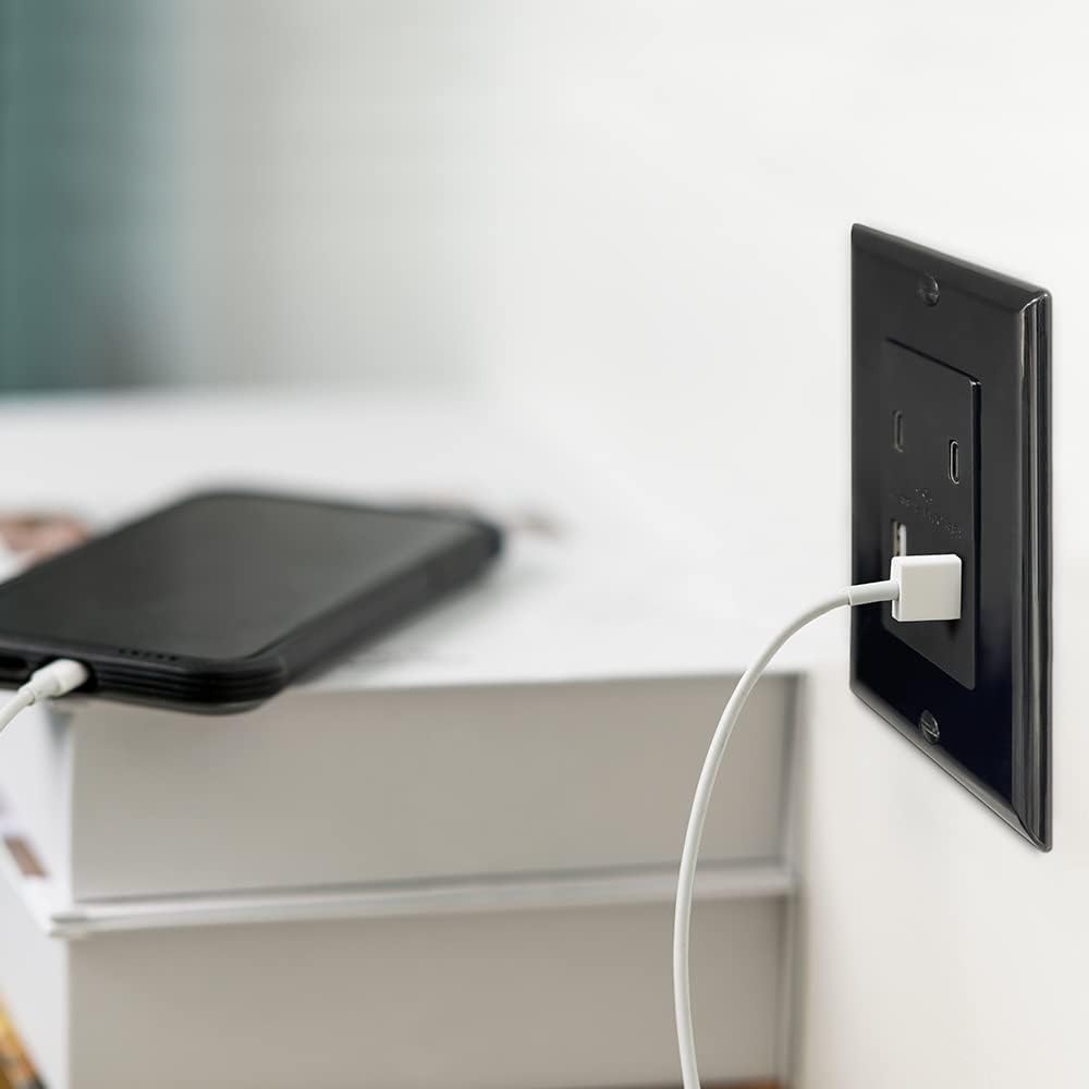 Maxxima USB Receptacle Outlet, 4.8A USB C/A USB Charging Ports, Black