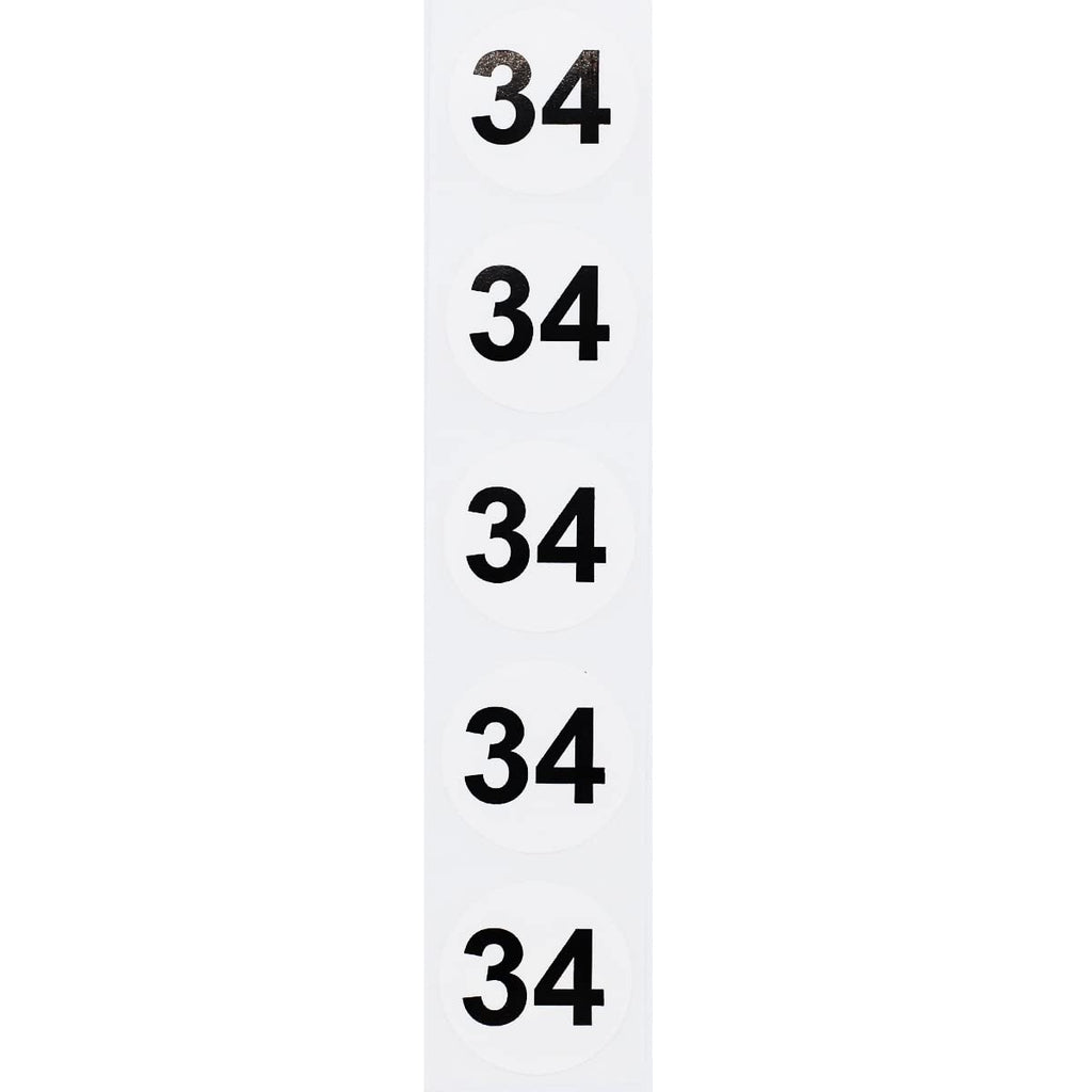 White with Black Number 34 Circle Dot Stickers, 3/4 Inch Round, 500 Labels on a Roll