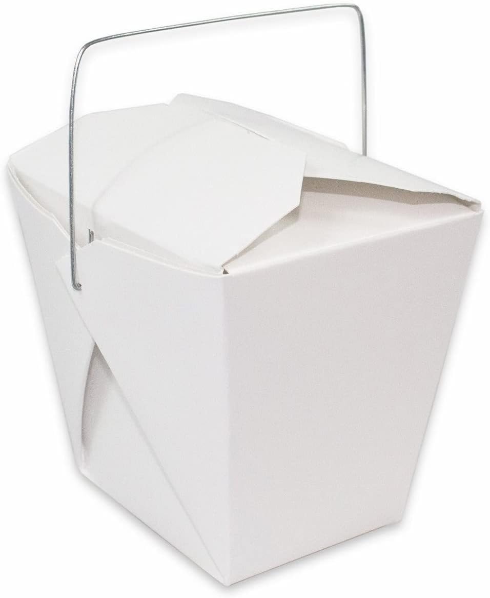 White Chinese Asian Paper Take Out Box with Wire Handle, Leak and Grease Resistant Stackable to Go Boxes (10, 8 OZ)