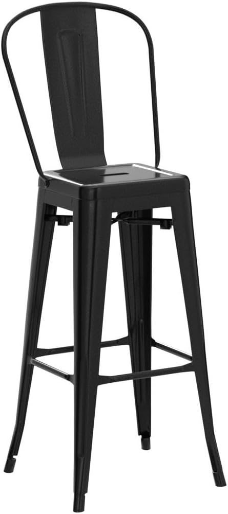 30 Inch Stackable Metal Bar Stools Set of 4 with High Backs, Black
