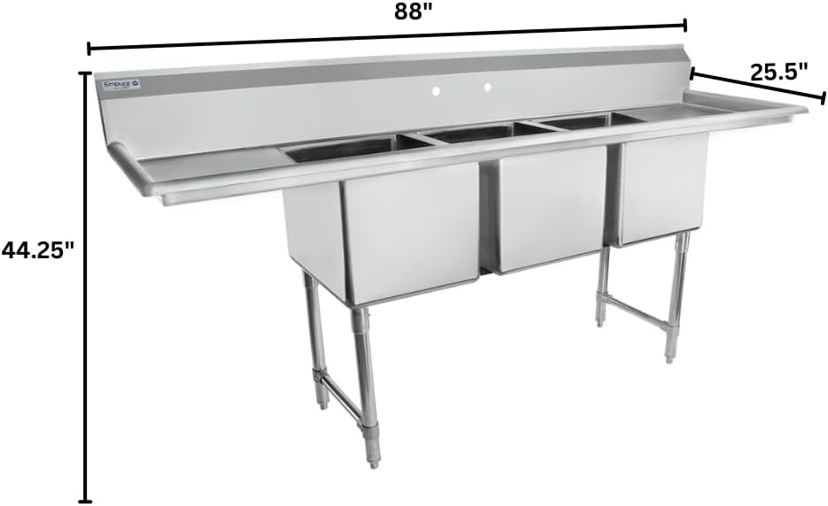 88" Wide Stainless Steel Three Compartment Commercial Sink | Prep Utility 16" x 20" Bowl for Restaurant Laundry | (2)