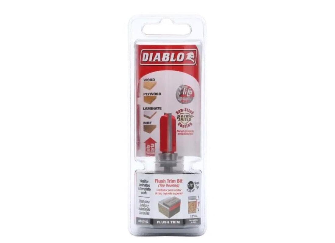 Flush Trim Router Bit - 1/2" Dia, 1/4" Shank | With Top Bearing - Cuts Hardwood, Softwood, Plywood, Composite