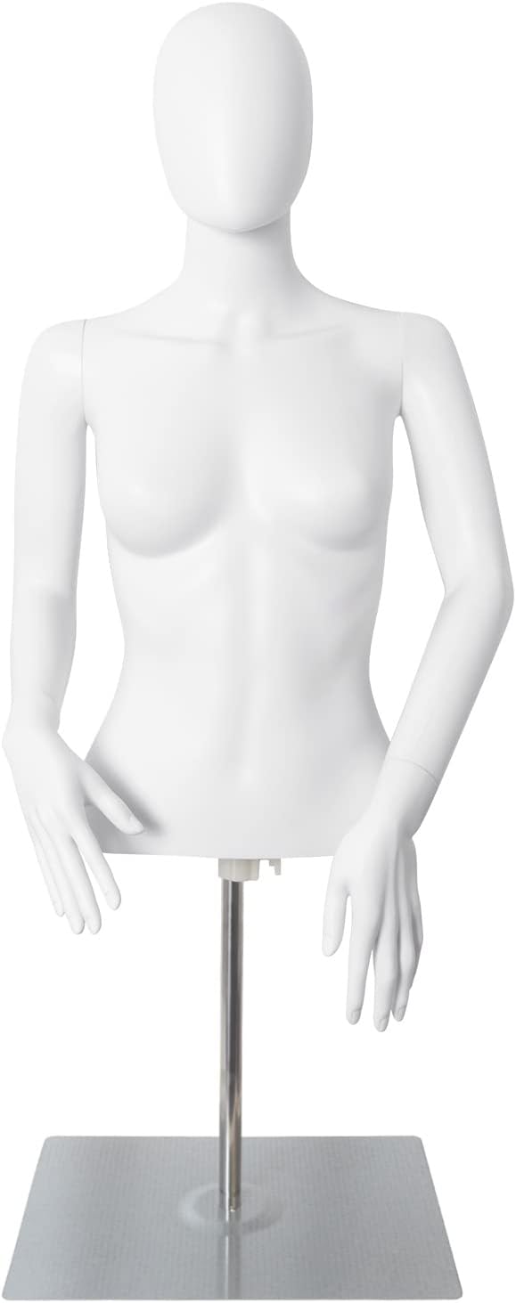 Half Body Mannequin Torso with Stand Female Dress Form Plastic Detachable Manikin Stand Height 30”-46” High Stability