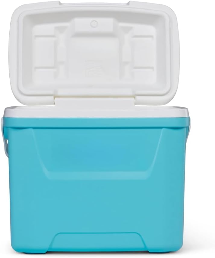 28 QT Hard-Sided Ice Chest Cooler, Aqua Blue & White Insulated Foam Cooler Box, 42 Cans Large Capacity with Swing-Up