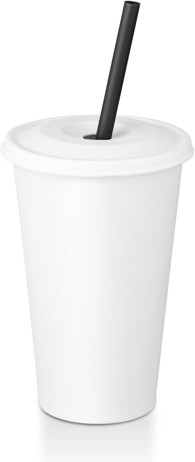 Disposable Paper Cups with Paper Lids and Compostable Straws