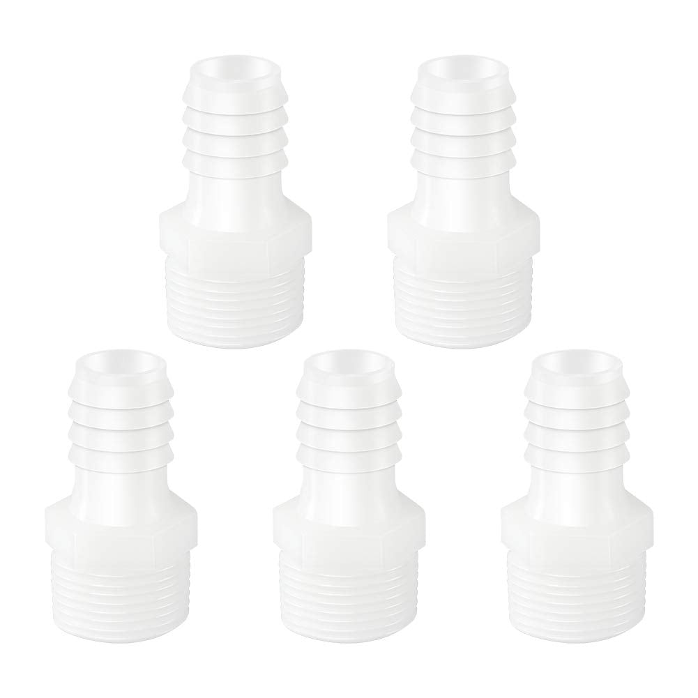 Quickun Plastic Hose Barb Fitting, 5/8" Barb to 3/4" Male Thread White Adapter Union Fitting (Pack of 5)