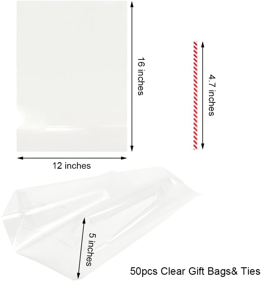 Clear 12x16Inches 50Pcs Twist Ties Flat Bottom Gusset Cellophane Bags Candy Party Favor Gift Mugs Treats Cookie