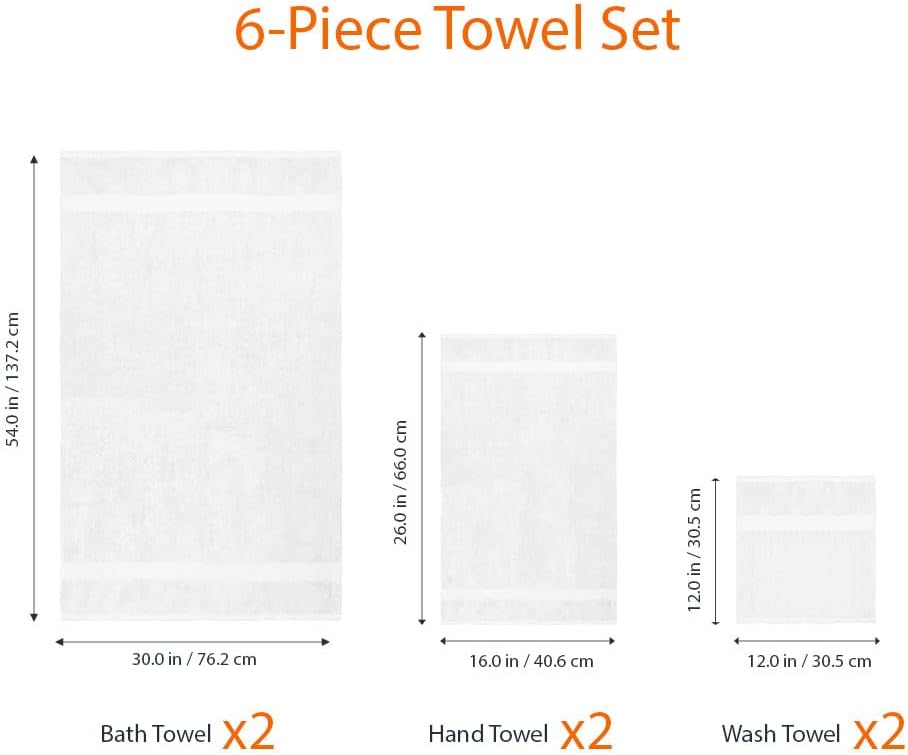 6-Piece Oversized Highly Absorbent Fade-Resistant Towel Set, 100% Cotton Towels for Bathroom, Soft, 2 Bath Towels, 2
