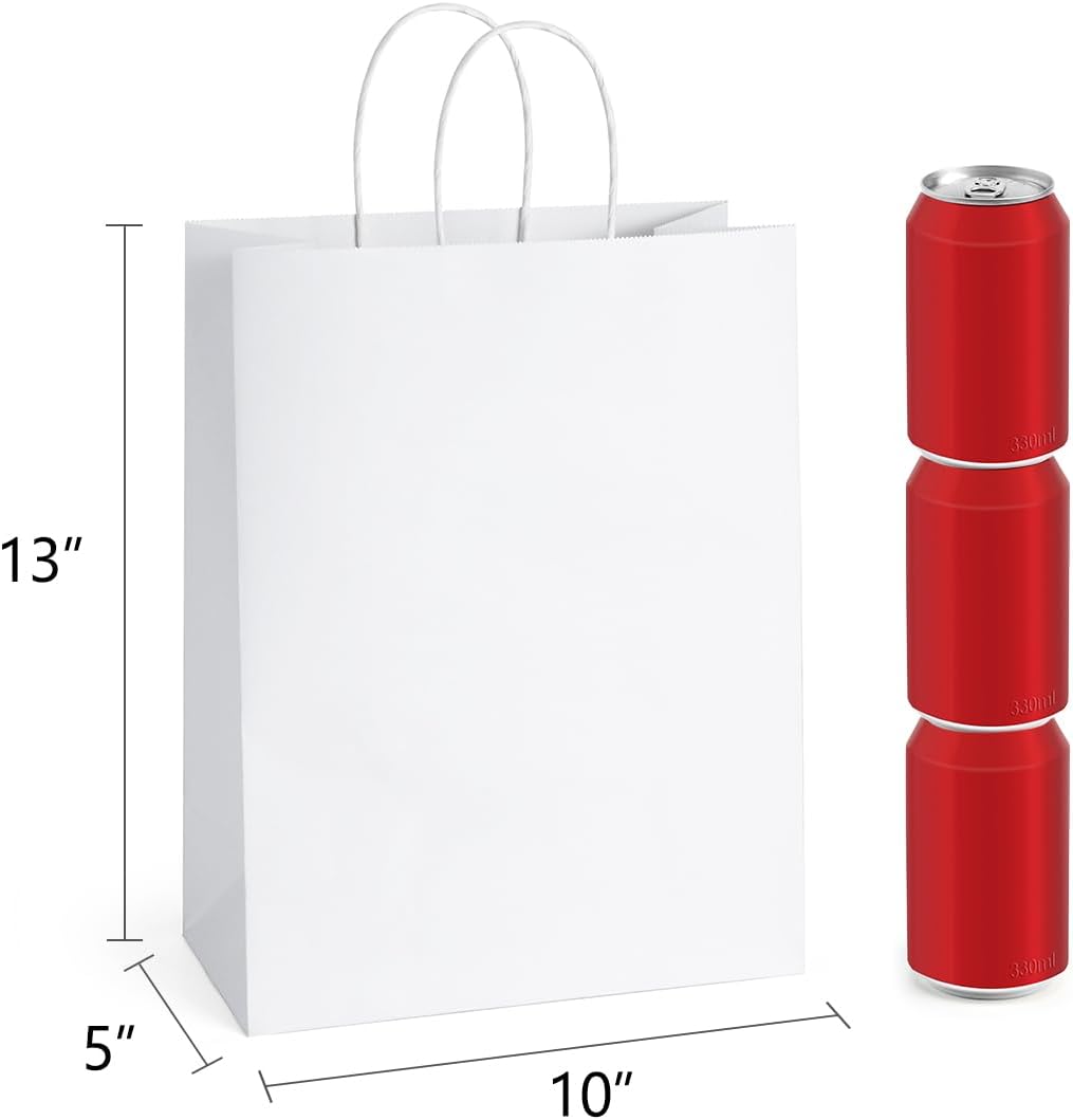 Kraft Paper Bags with Handles 10x5x13 Inch Large White 25 Pack