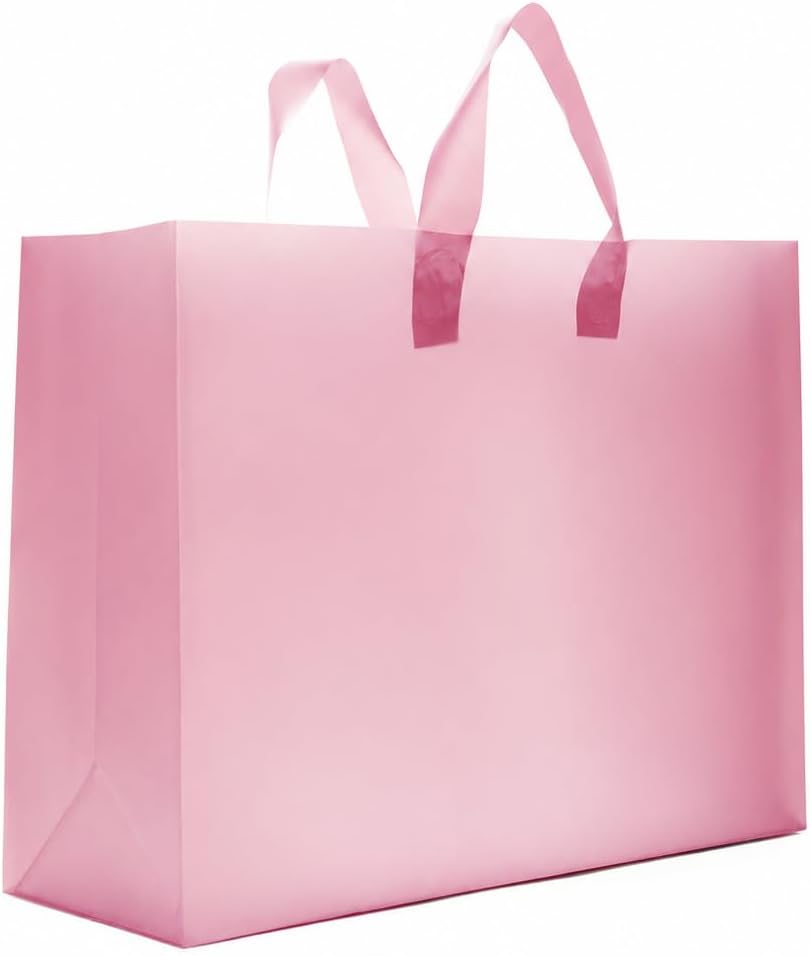 Pink Plastic Gift Bags, Frosted, 16x6x12, 50 Pack