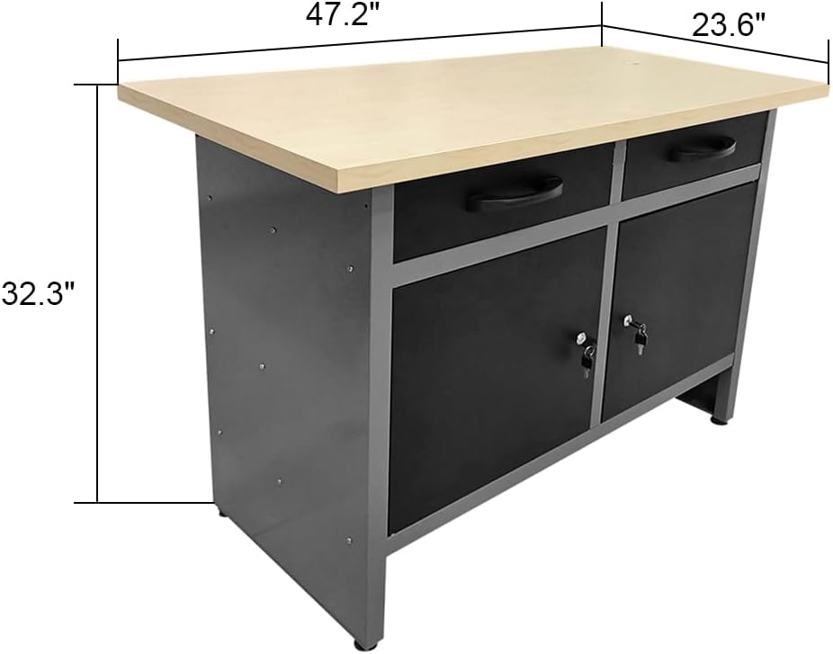 Steel Workbench with Two Drawers & Two Cabinets, Includes 3 Metal Pegboards and 22 Hooks, Wooden Tabletop for Garage