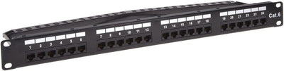 24-Port Cat6 Unshielded UL Listed Patch Panel, 1U, 110/Dual IDC, with Wire Support Bar, Metal Front, PoE+ (TAA)