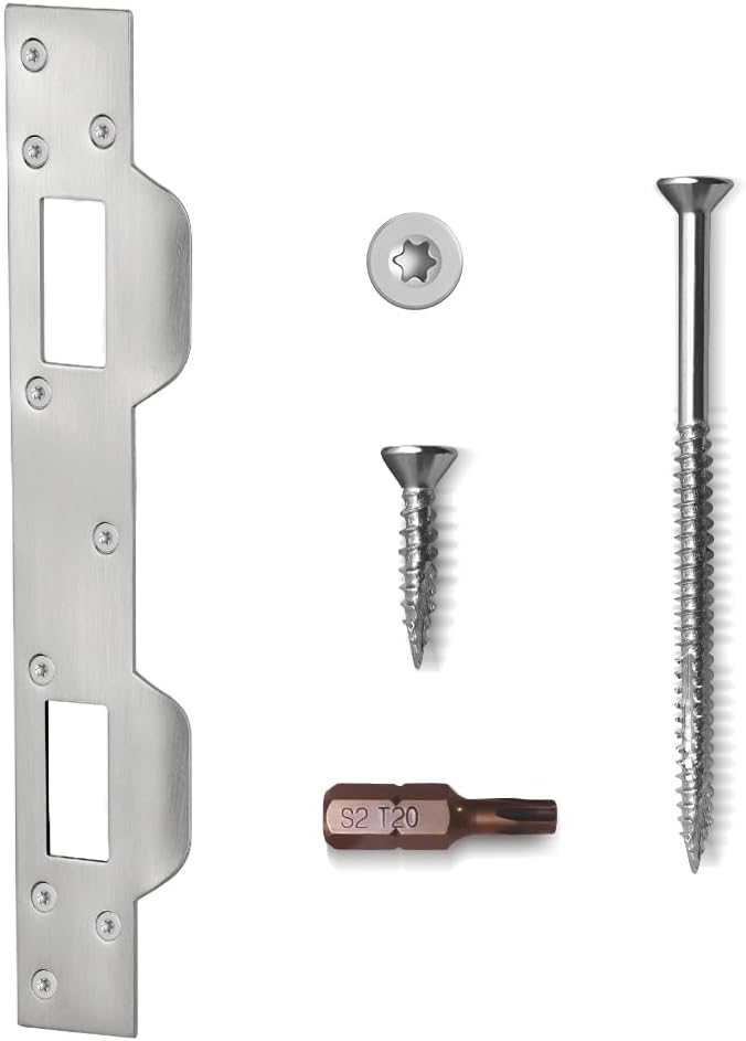 Door Strike Plate Double Holes, with Reinforced Torx Screws & Bit | Heavy-Duty Hardened Steel, Satin Nickel, 2-in-1