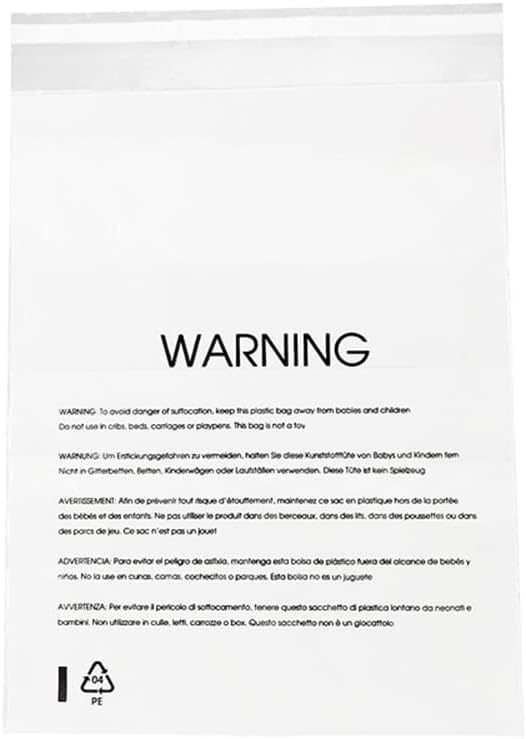 Clear Poly Bags with Suffocation Warning for Packaging, T Shirts & Mailing - Permanent Adhesive (100 Count 9''x12'')