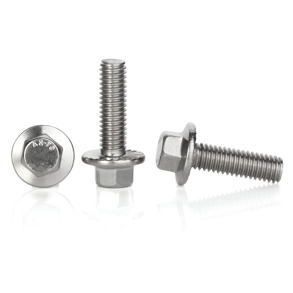 M6-1.0 x 16mm Flanged Hex Head Bolts Flange Hexagon Screws, Stainless Steel 18-8 (304), Plain Finish, 25 PCS