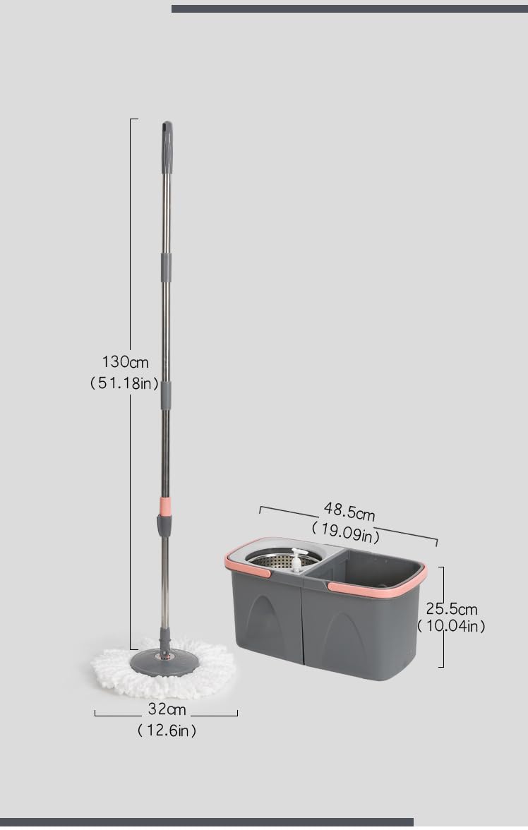 Spin Mop Bucket System with Wringer, Stainless Steel Telescopic Handle, Dual-Chamber Bucket, 2 Reusable Microfiber