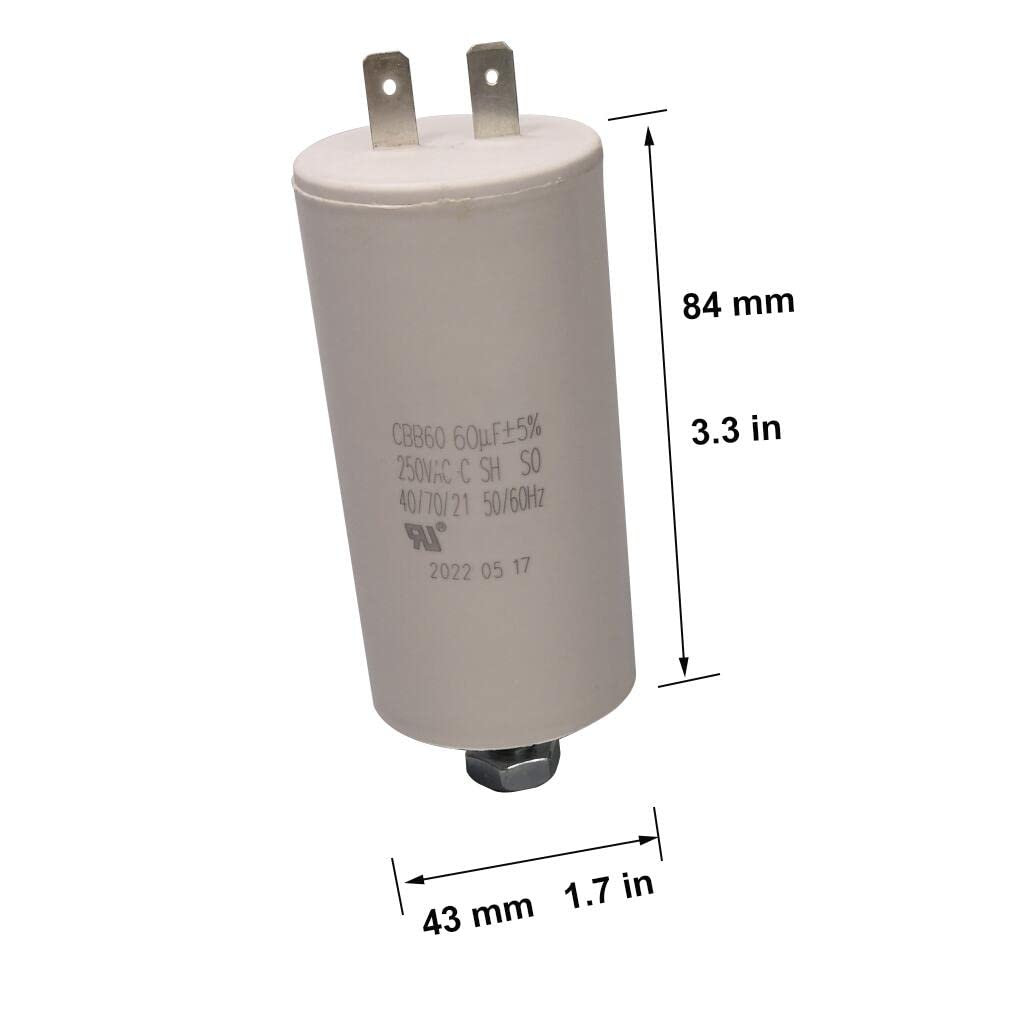 Motor Run Capacitor 250VAC CBB60 60uF 60MFD 250V AC 60 uF MFD White 43x84mm 40/70/21 W/Fixing Stud UL Cap