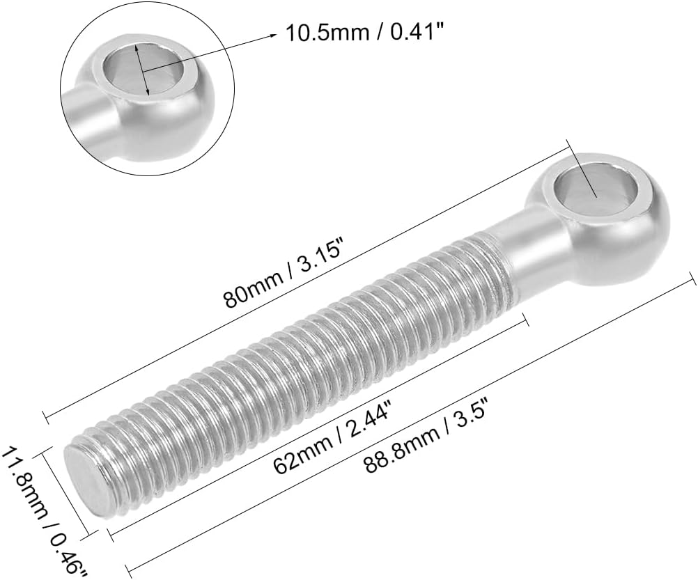uxcell M12 x 80mm 304 Stainless Steel Machine Shoulder Lift Eye Bolt Rigging 5pcs