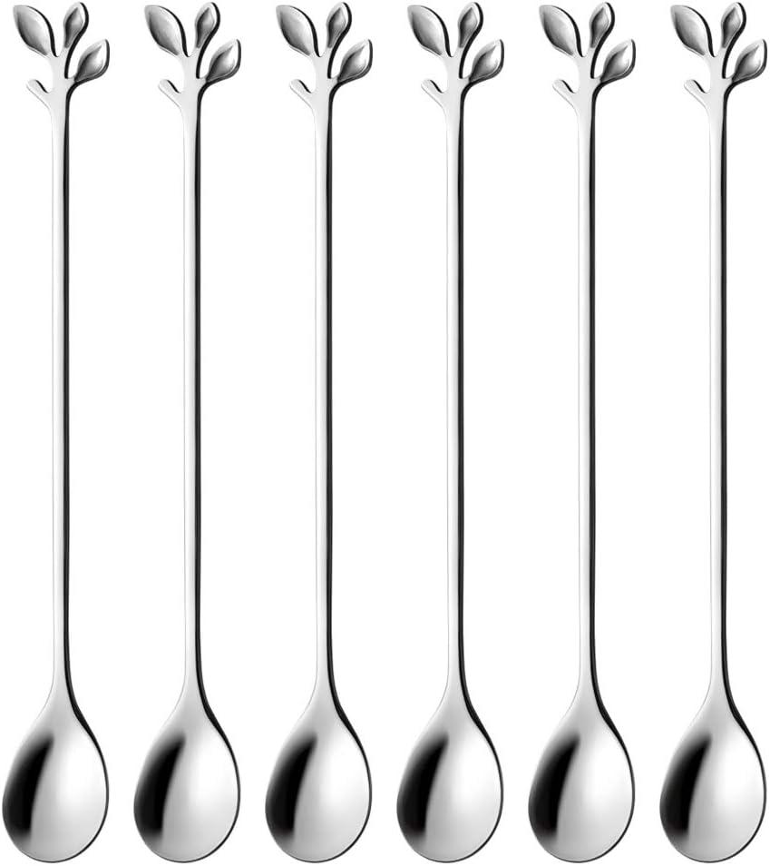 6-Piece Elegant Silver Leaf Long Handle Teaspoons - 7.4"