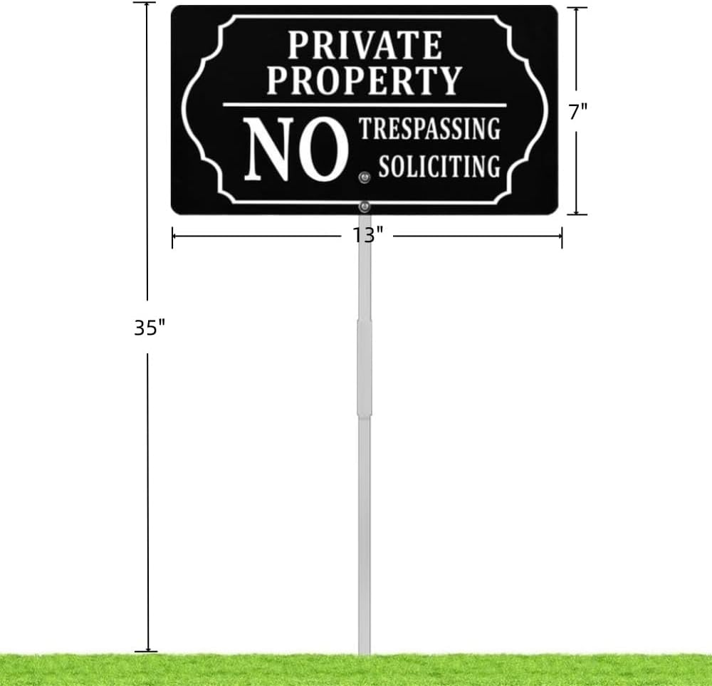 Private Property Sign, 7 x 13 Inch/35 Inch High | No Soliciting No Trespassing Sign with Metal Stake, Aluminum