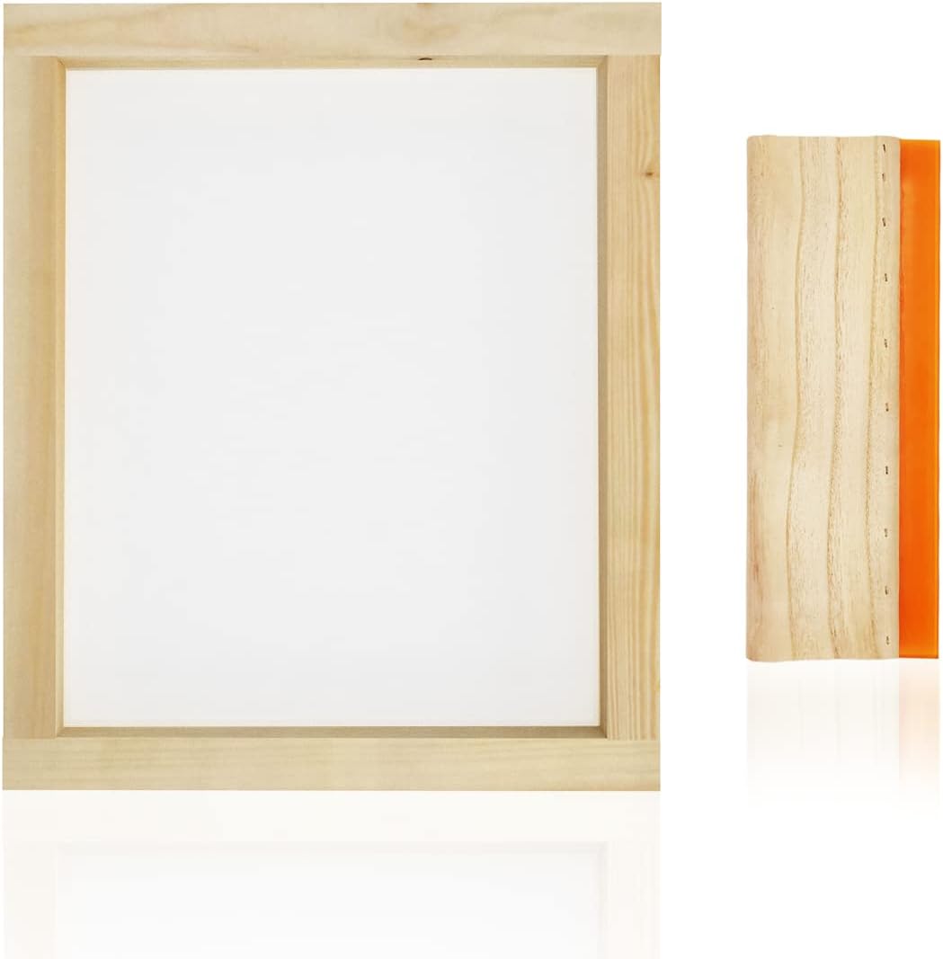 1 Piece 8 x 10 Inch Wood Silk Screen Printing Frame with 110 White Mesh and 1 Piece 4 x 6 Inch Screen Printing Squeegee