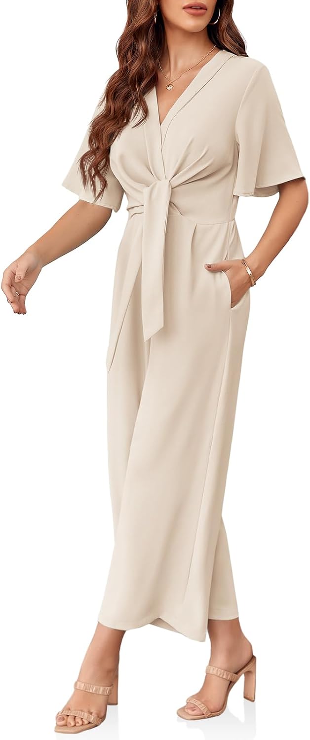 Women's Elegant V Neck Jumpsuits Dressy Casual Short Sleeve Wide Leg Long Pants Rompers
