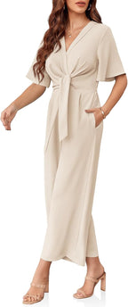 Women's Elegant V Neck Jumpsuits Dressy Casual Short Sleeve Wide Leg Long Pants Rompers