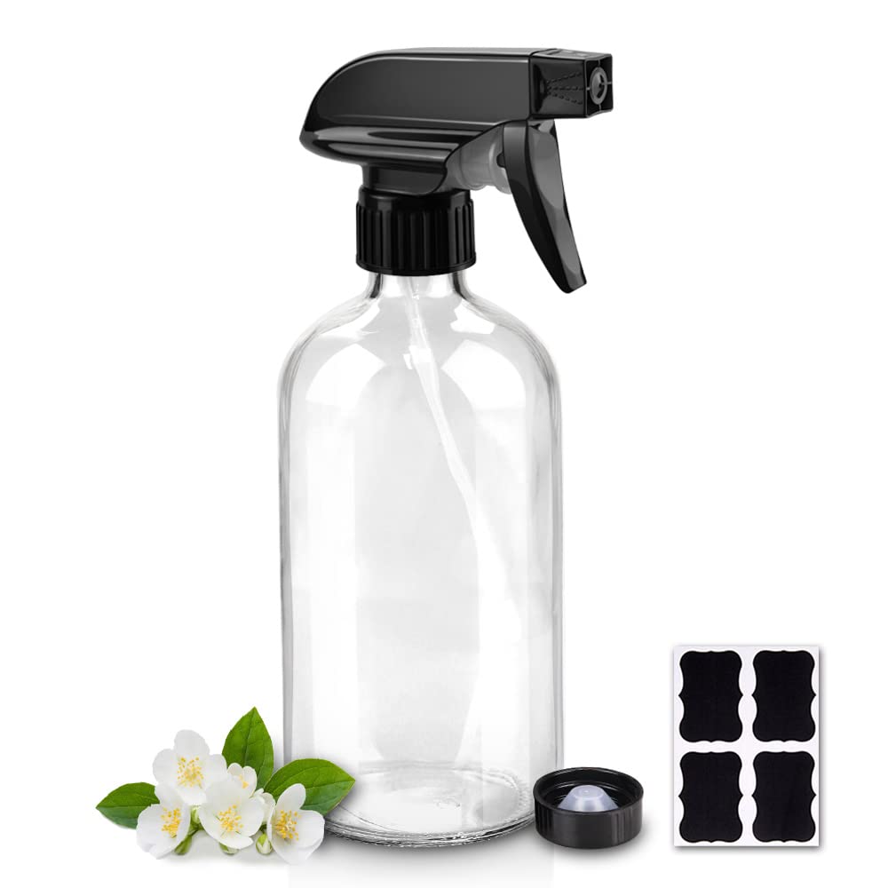 Glass Spray Bottles, 16oz Refillable Containers, Empty Boston Round Bottles with Labels & Adjustable Nozzle for