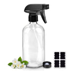 Glass Spray Bottles, 16oz Refillable Containers, Empty Boston Round Bottles with Labels & Adjustable Nozzle for
