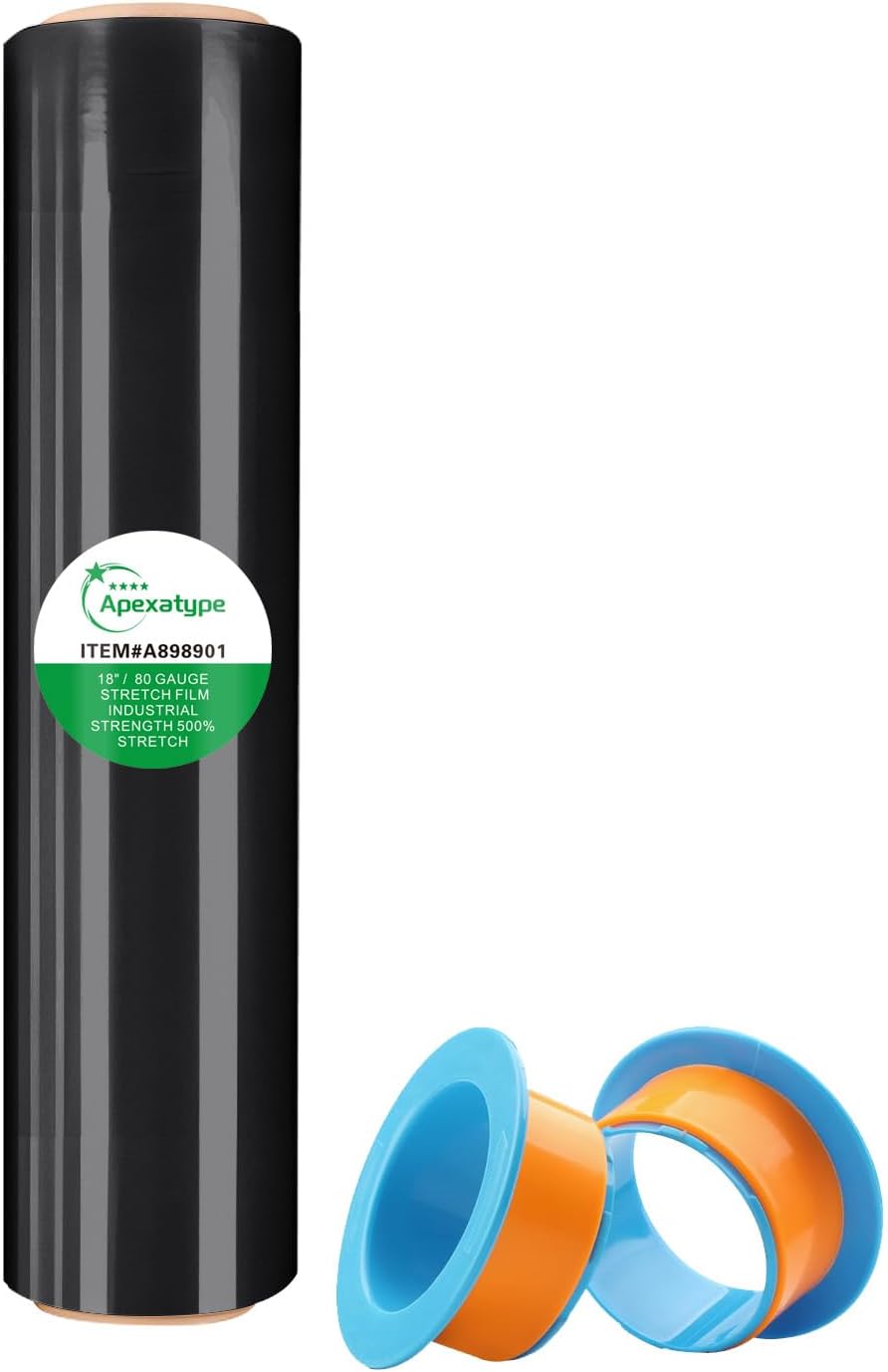 18" Black Plastic Shrink Wrap Roll for Moving, Furniture Wrapping, 1500 Feet, 80 Gauge, 500% Stretch, Industrial