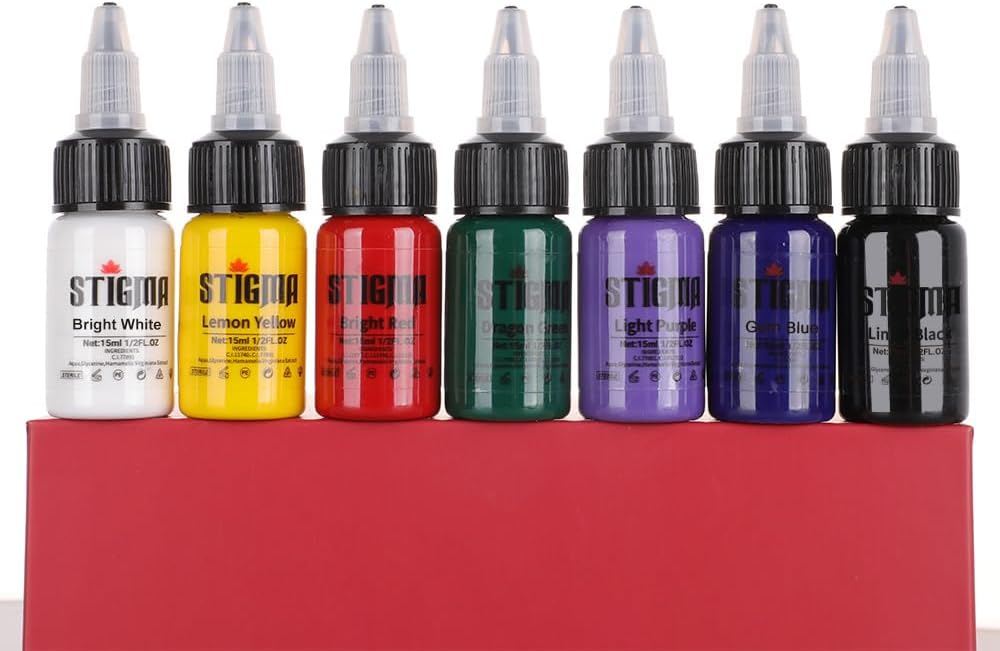Professional Tattoo Ink Color Set 7 Colors with 15 ml 1/2oz per Bottle Tattoo Ink Set for Tattoo Artist and Beginners