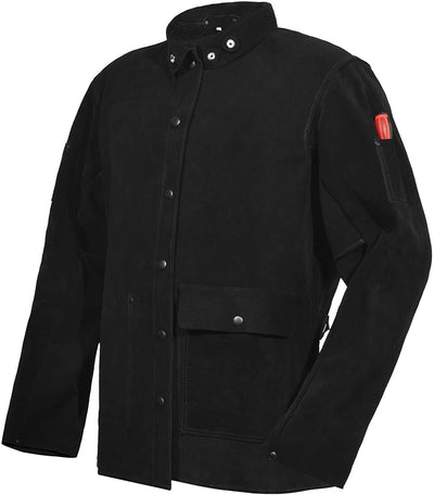 Black Leather Welding Jacket, Flame-Resistant Heavy Duty Weld Coat