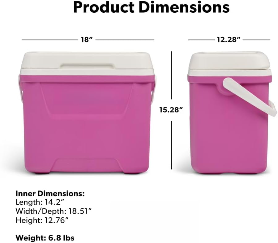 28 QT Pink Insulated Hard Cooler, Portable Leak-Proof Ice Chest with Elevated Bottom & Swing-Up Handle, Lightweight