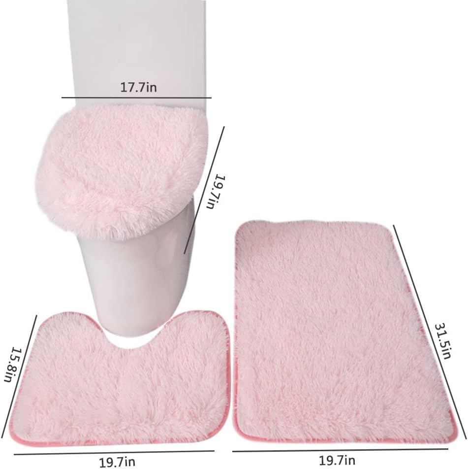 Bathroom Rug Sets 3 Piece Non Slip, Toilet Lid Cover and Contour Mat, Bath Mats Shower Mat for Tub (Pink)