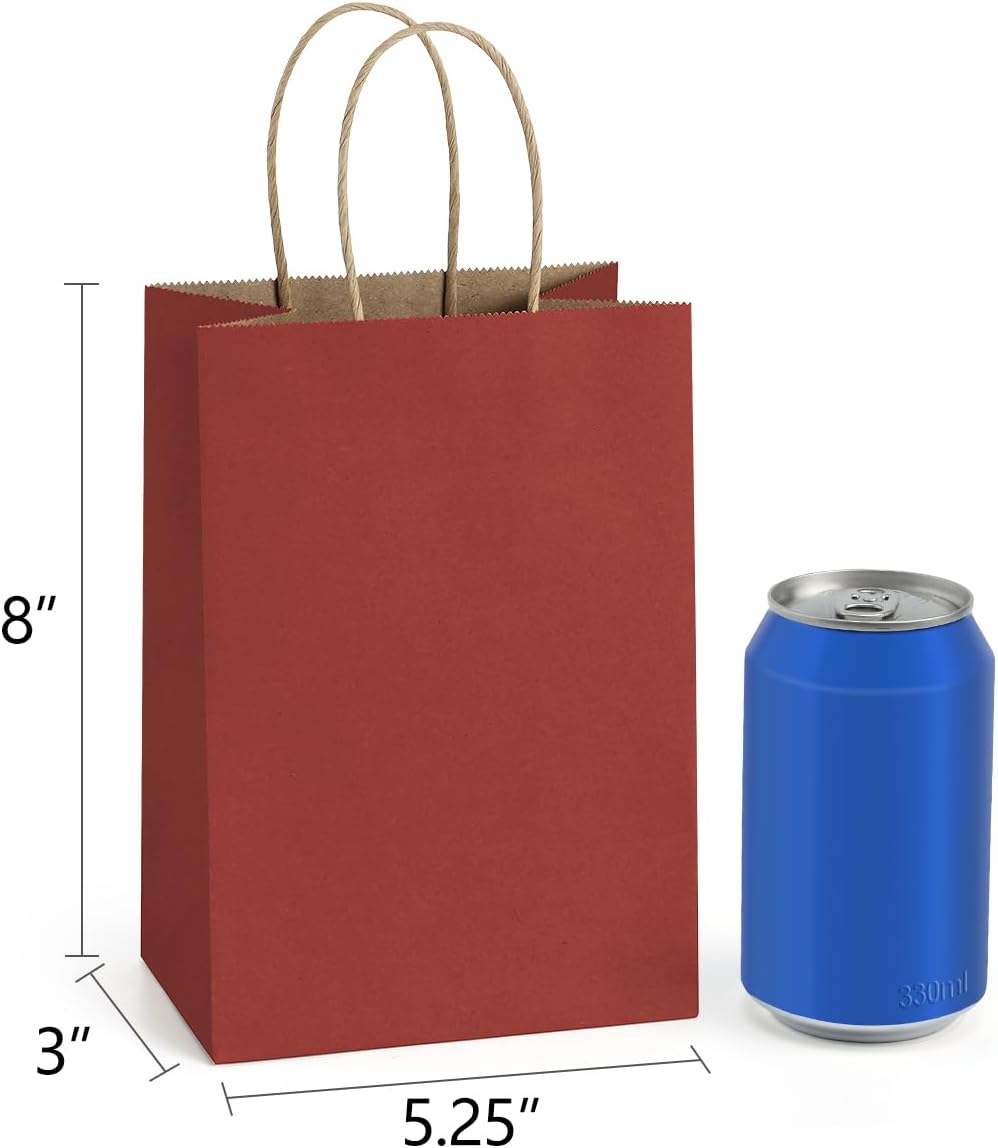Small Gift Bags with Handles 5.25x3x8 Inch Red 100 Pack Bulk