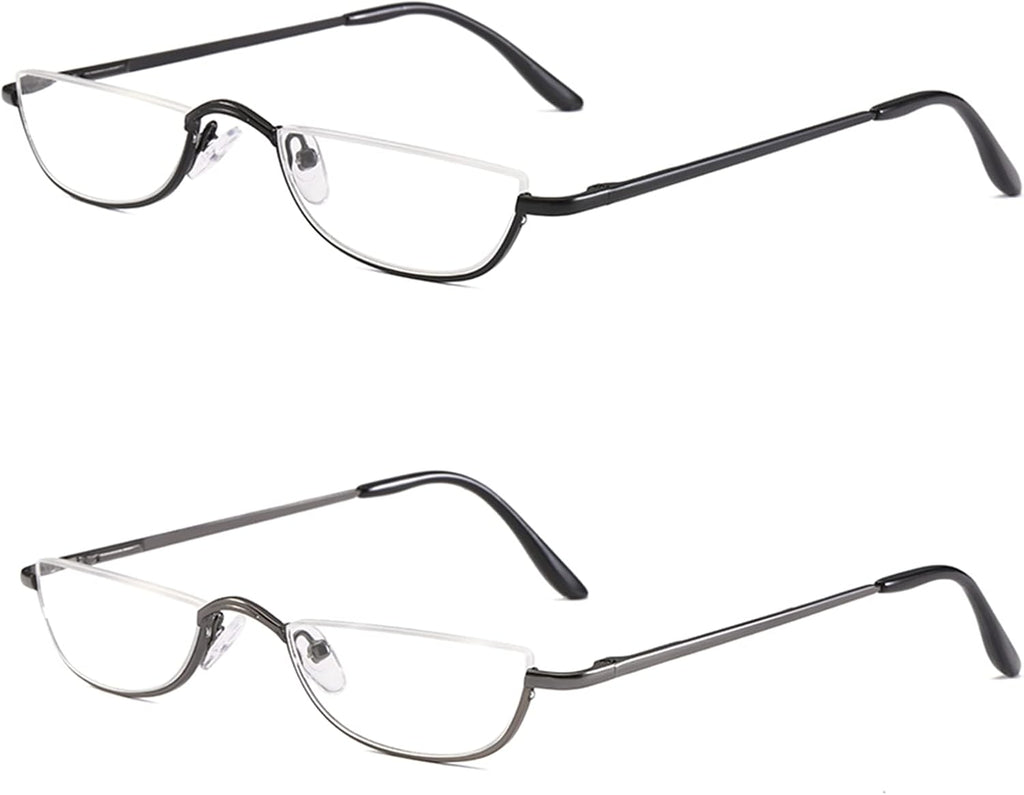 Half Reading Glasses 2 Pairs Metal Frame 2.00 | Half Rim Glasses Spring Hinge Readers with Leather Pouch for Men and