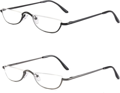 Half Reading Glasses 2 Pairs Metal Frame 2.00 | Half Rim Glasses Spring Hinge Readers with Leather Pouch for Men and