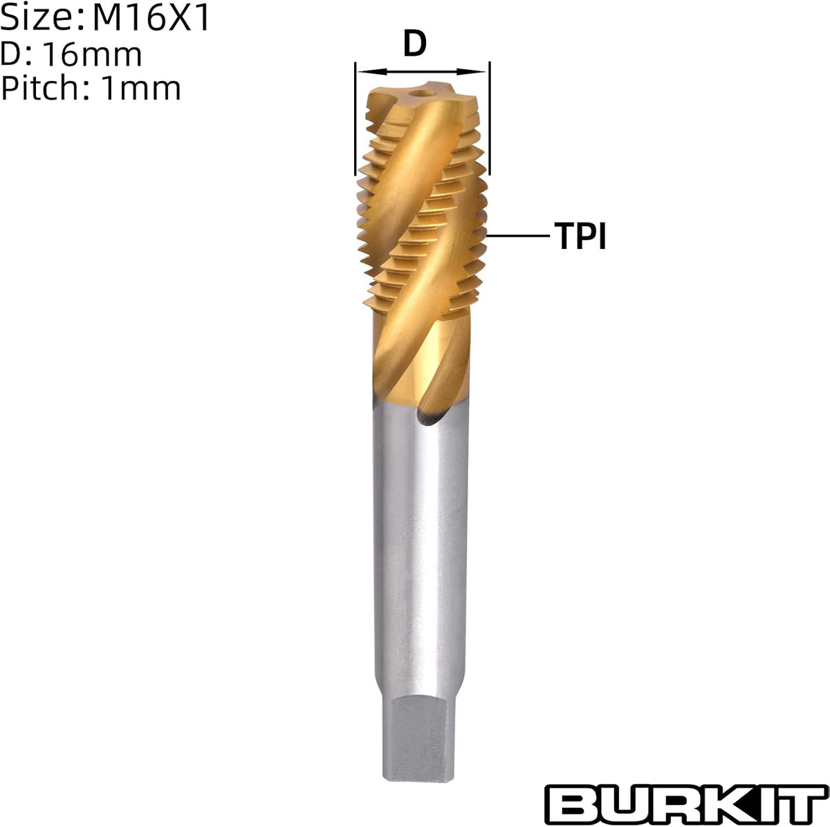 Burkit M16 X 1 Titanium Coating Spiral Flute Tap